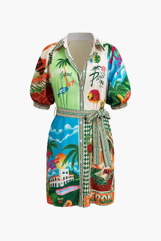 tiered midi dress-Tropical Print Belt Mini Dress