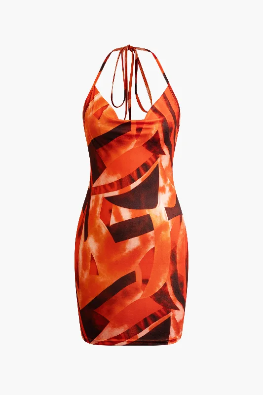 floral boho dress-Abstract Print Cowl Neck Backless Halter Mini Dress