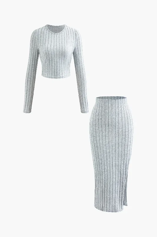 elegant midi dress-Solid Rib Knit Round Neck Long Sleeve Top And Slit Skirt Set