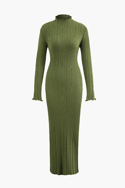 A-line evening dress-Solid Mock Neck Rib Knit Lettuce Trim Maxi Dress