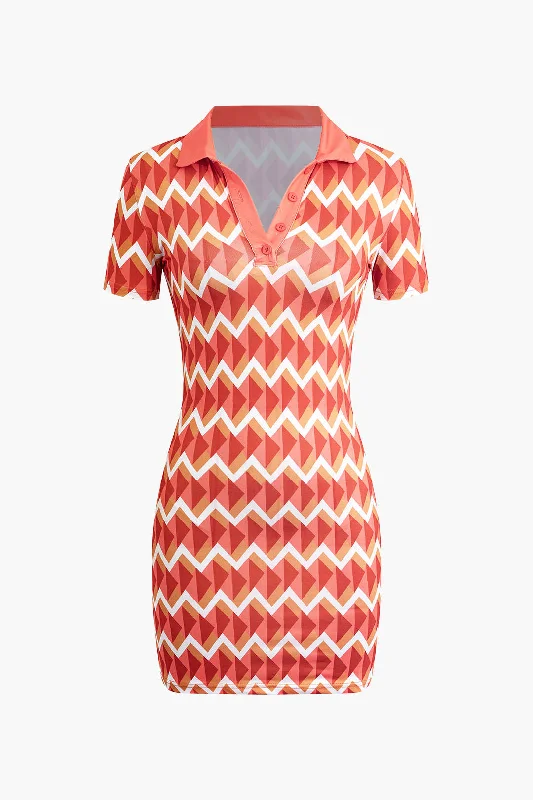 white evening dress-Sharp Wave Patterned Polo Mini Dress