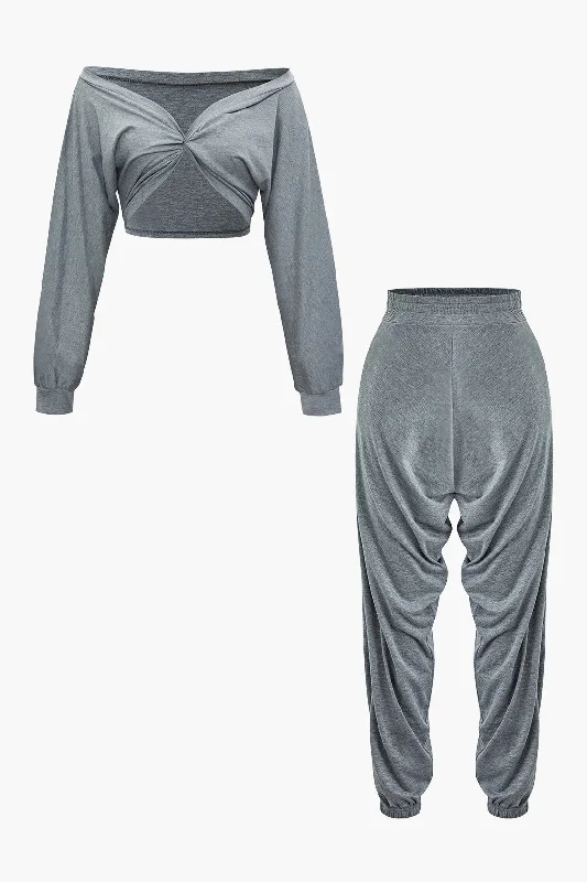 ruffled prom dress-V-neck Twist Front Long Sleeve Top And High Waist Sweatpants Set