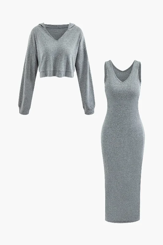 champagne cocktail dress-V-neck Sleeveless Maxi Dress And Hooded Crop Sweatshirt Set