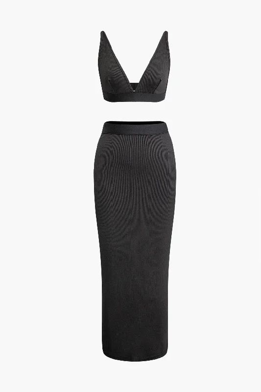 bodycon evening dress-Backless V-neck Cami Top And Midi Skirt Set