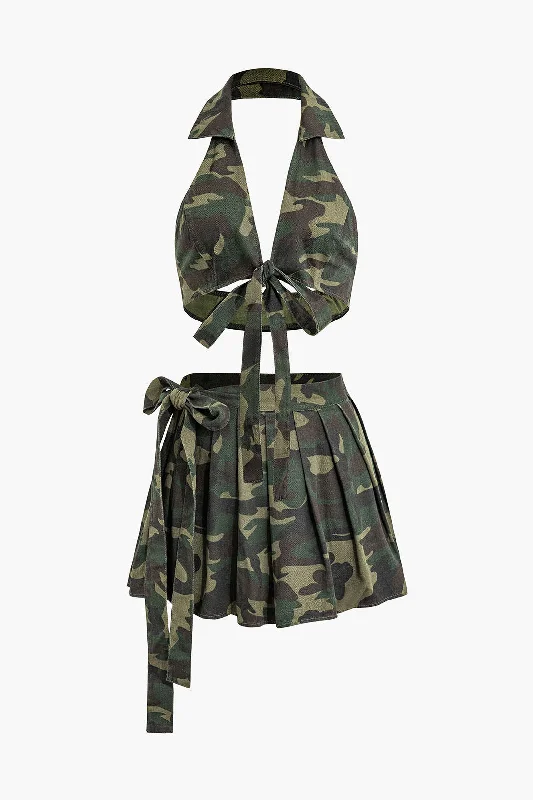 pleated sundress-Camouflage Knot V-neck Backless Top And Pleated Mini Skirt Set