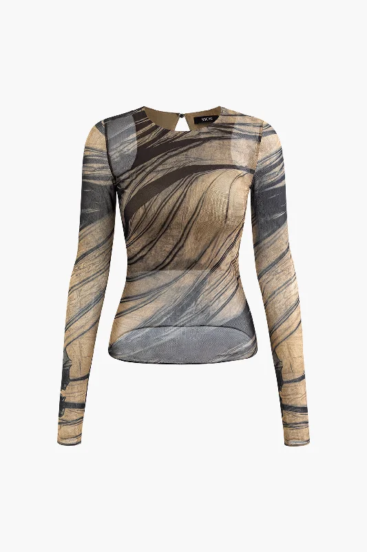 striped prom dress-Abstract Print Round Neck Mesh Long Sleeve Top