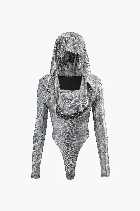 beige cotton dress-Metallic Hooded Long Sleeve Bodysuit