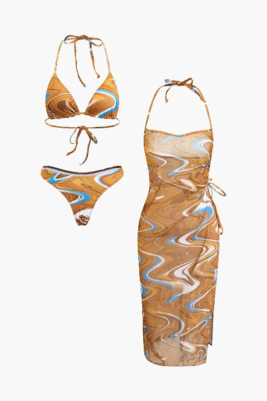 champagne evening dress-Abstract Print Tie Halter Bikini And Slit Midi Dress Swimsuit Set