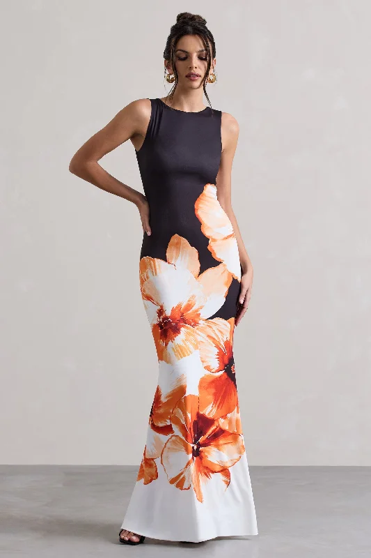 one shoulder maxi dress-Micah | Black & Orange Floral Print Racer-Neck Maxi Dress