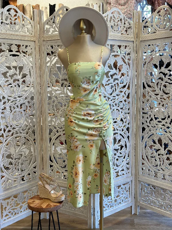 knit prom dress-Midi Green Satin Floral Dress