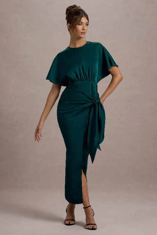 coral sundress-Mika | Bottle Green Satin Short-Sleeve Wrap Maxi Dress