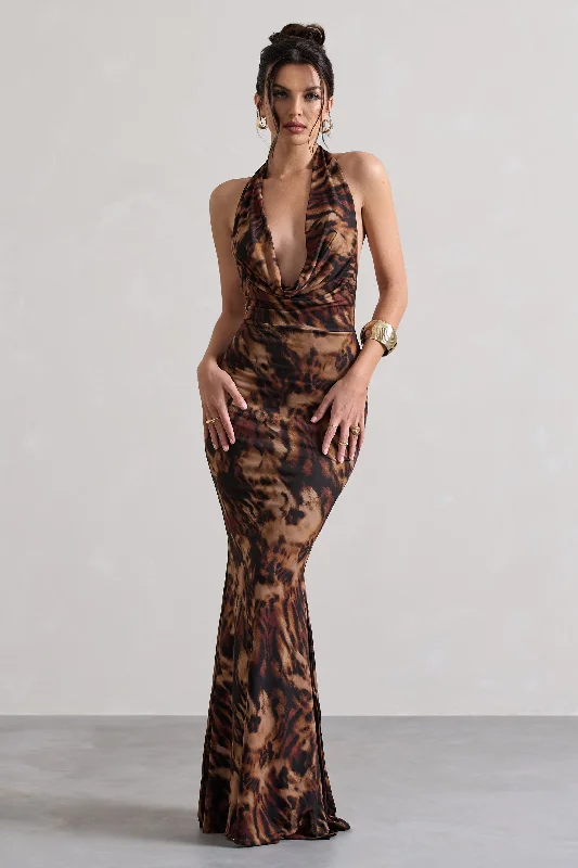 halter sundress-Milani | Animal Print Backless Cowl Neck Fishtail Maxi Dress