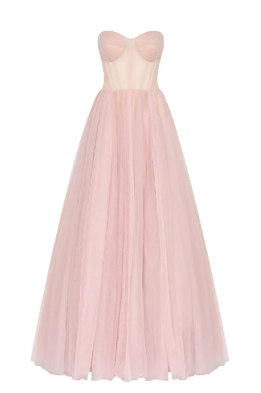 lavender evening dress-Misty Rose Tulle Maxi Dress with a Corset Bustier