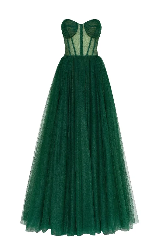 long sleeve sundress-Emerald Green Tulle Maxi Dress with a Corset Bustier