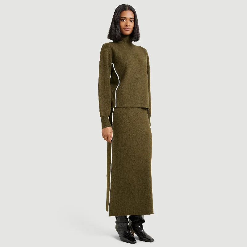 elegant midi dress-Libby Contrast Piping Midi Skirt | Olive