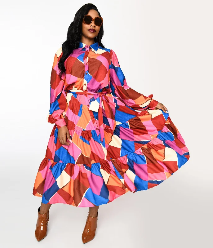 orange cocktail dress-1970s Multicolor Geometric Tiered Maxi Shirt Dress