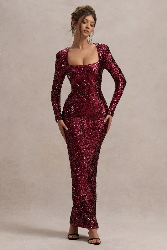 purple lace dress-My Dream | Port Sequin Square-Neck Long-Sleeve Maxi Dress