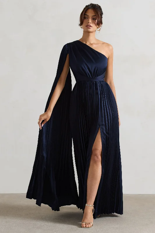 button down cocktail dress-My Vision | Navy Plisse Asymmetric Split Maxi Dress With Cape Sleeve