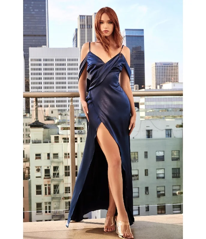 asymmetrical hem dress-Cinderella Divine  Navy Satin Draped Cowl Back Bridesmaid Dress