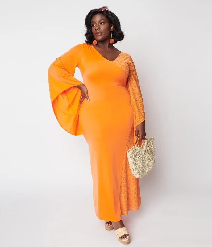 striped cocktail dress-1970s Neon Orange Lace Maxi Dress