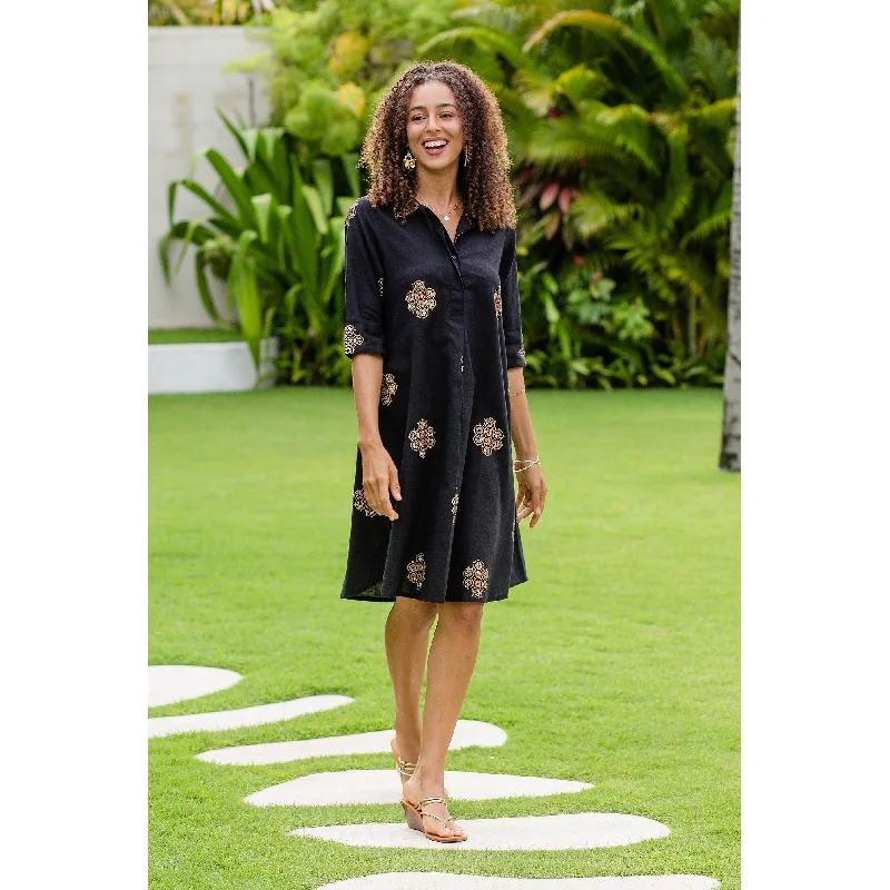 backless maxi dress-Novica Handmade A Stich In Time In Black Block-Printed Shirt Dress