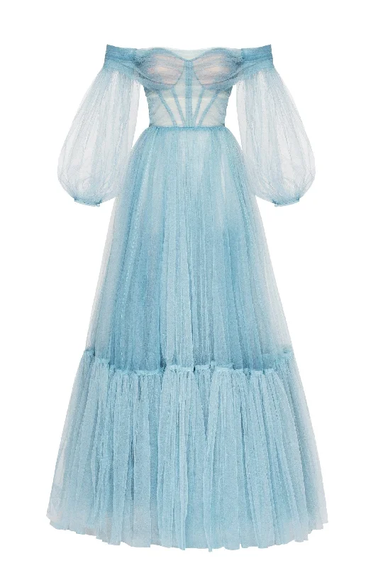 embroidered midi dress-Ocean Wave Sheer Sleeves Maxi Tulle Dress