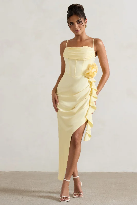 halter evening dress-On The List | Lemon Asymmetric Corset Maxi Dress With Floral Drape