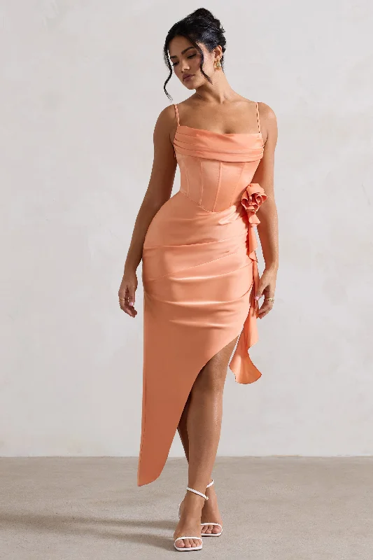 chic evening dress-On The List | Peach Asymmetric Corset Maxi Dress With Floral Drape