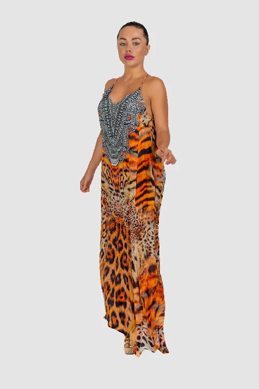 long sleeve maxi dress-Orange Animal Print T-Back Dress