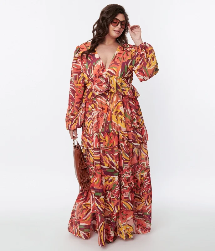 shift midi dress-1970s Orange & Multicolor Leaf Maxi Dress