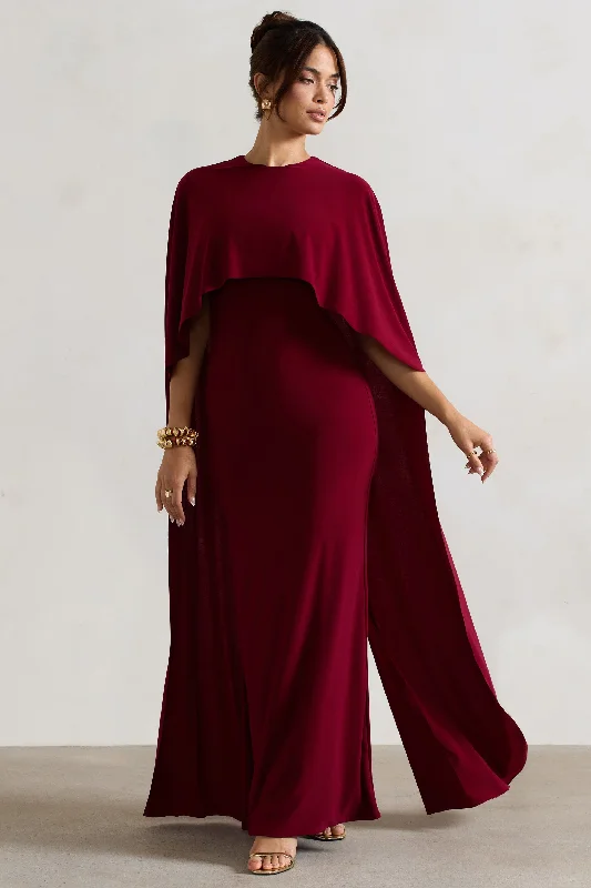 polka dot maxi dress-Padma | Berry Draped Maxi Dress With Cape Sleeves