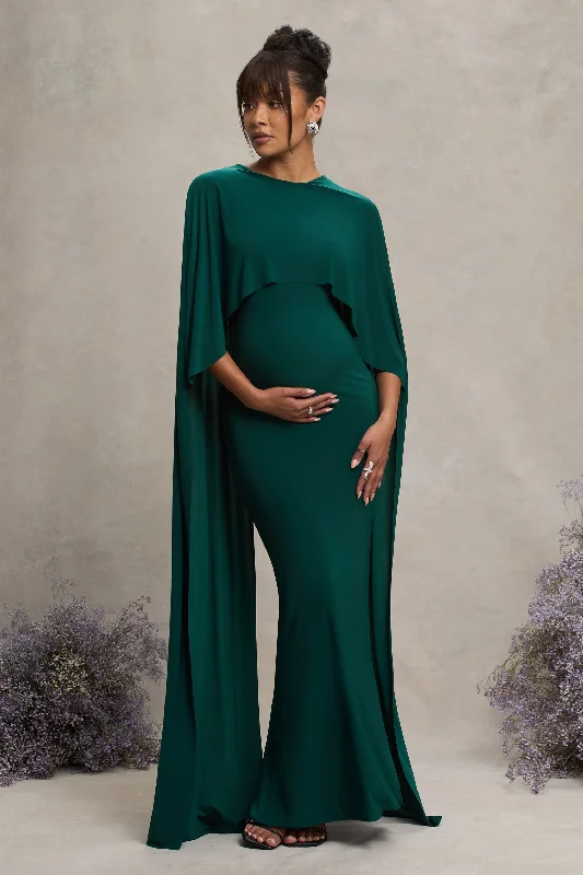 glitter prom dress-Padma | Bottle Green Draped Maternity Maxi Dress With Cape Sleeves