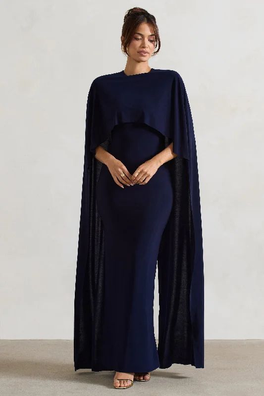 floral midi dress-Padma | Navy Draped Maxi Dress With Cape Sleeves