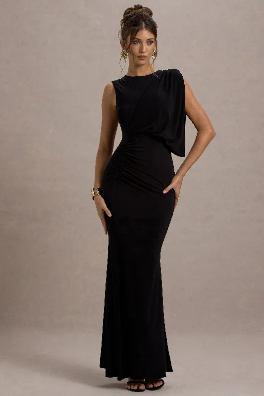 bodycon evening dress-Paphos | Black Draped Sleeveless Maxi Dress