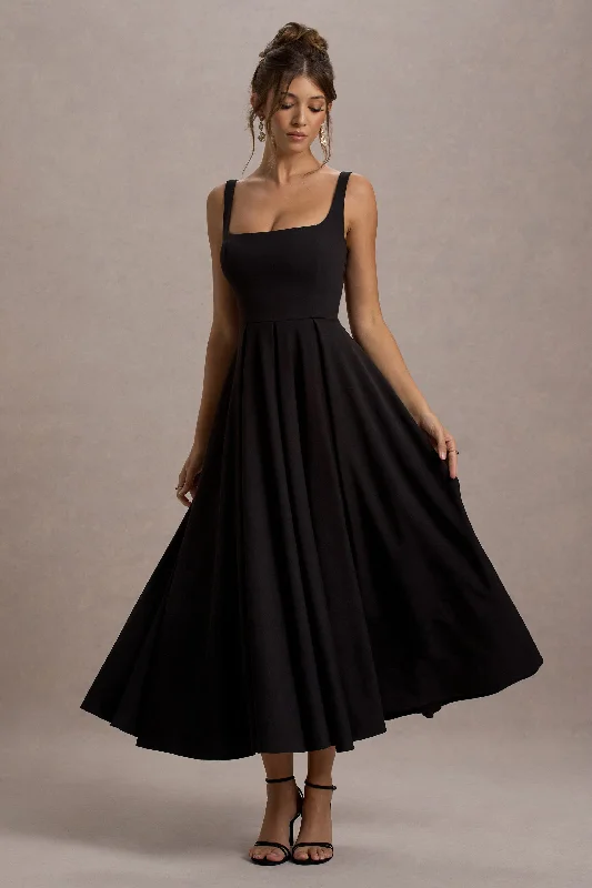 satin formal dress-Parina | Black Strappy Volume-Hem Maxi Dress