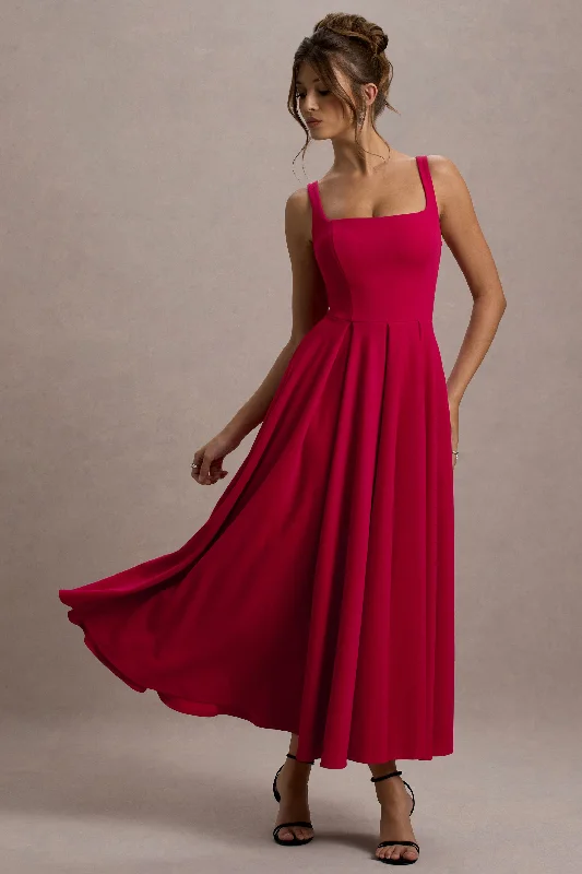 flowy beach dress-Parina | Red Strappy Volume-Hem Maxi Dress