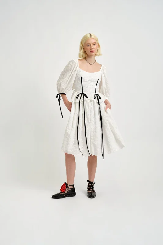 sheer sleeve cocktail dress-Pascale Dress White Eyelet