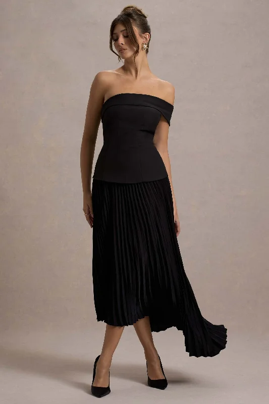 tulle cocktail dress-Pauline | Black Bardot Tailored Maxi Dress With Plisse Skirt