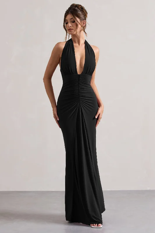 black satin dress-Payton | Black Ruched Halter-Neck Maxi Dress