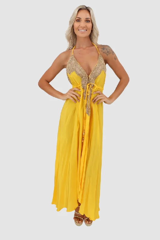 long sleeve cocktail dress-Mallorca Yellow Dress