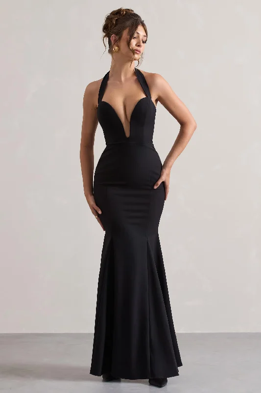 empire waist maxi dress-Plaza | Black Plunge Halter-Neck Fishtail Maxi Dress