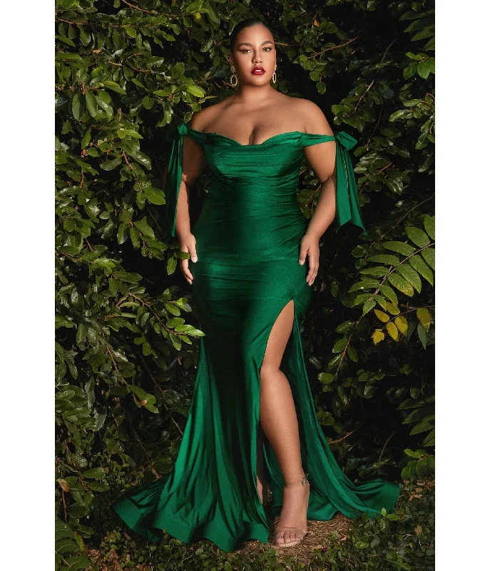 brown evening dress-Cinderella Divine  Plus Size Emerald Off The Shoulder Tie Bridesmaid Gown