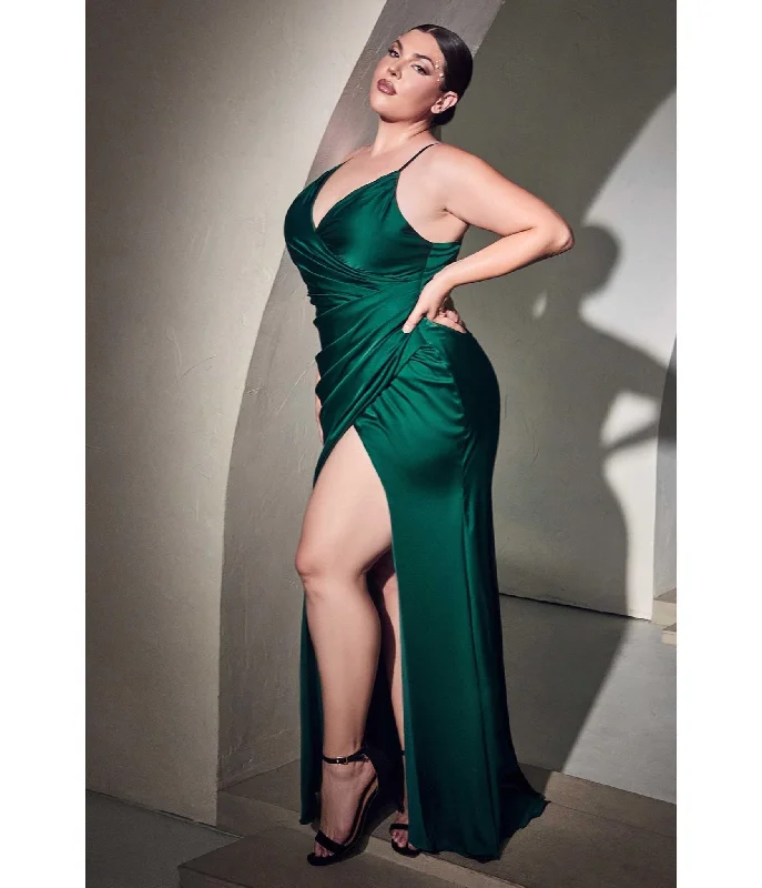 long sleeve evening dress-Cinderella Divine  Plus Size Emerald Ruched Satin Mystique Bridesmaid Gown