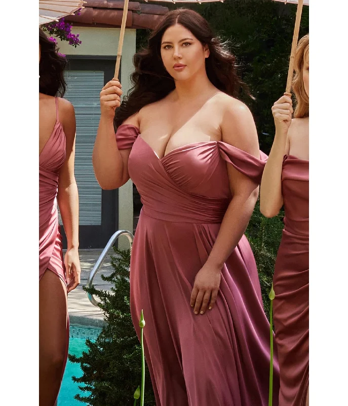 button down dress-Cinderella Divine  Plus Size Mauve Satin Off The Shoulder Bridesmaid Gown