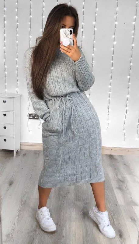 teal prom dress-Pocket Tied Knitted Midi Dress In Grey