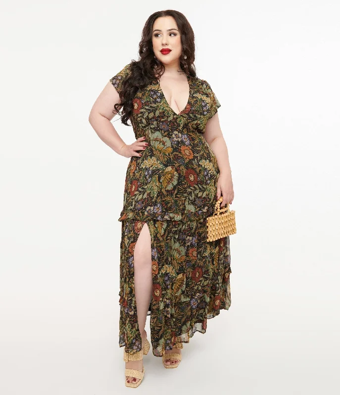 floral party dress-Polagram 1970s Autumn Floral Chiffon Maxi Dress