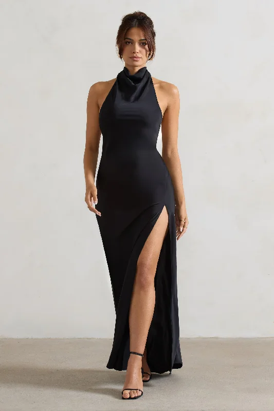 ruffled sundress-Priero | Black Cowl Halter-Neck Open Back Maxi Dress