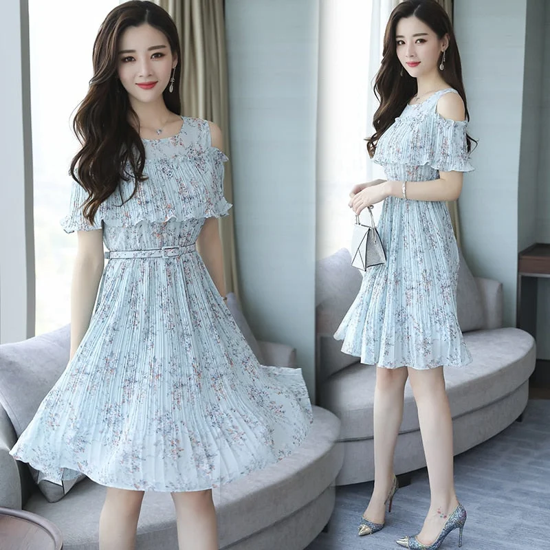 floral wrap dress-Print In Long Small Clear Dew Shoulder Tide Dresses