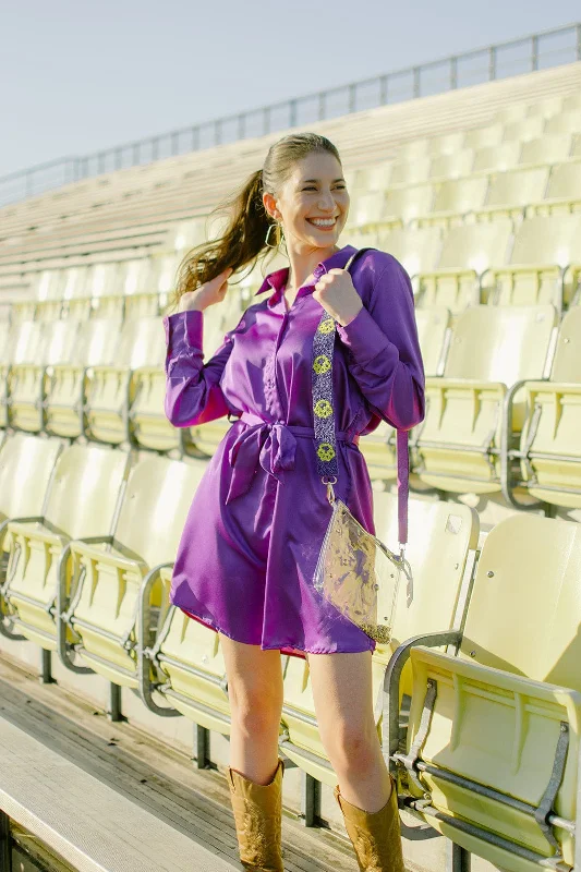 vintage cocktail dress-Purple Satin Shirt Dress