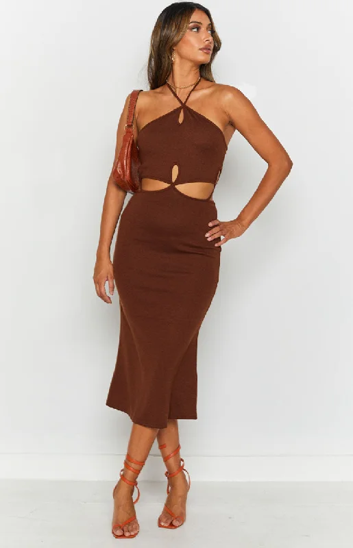 boho evening dress-Quanah Cut Out Midi Dress Brown